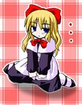  1girl apron bangs black_dress blonde_hair blue_eyes bow bowtie capelet checkered checkered_background closed_mouth doll dress expressionless full_body hair_bow long_hair long_sleeves looking_at_viewer murabito red_bow red_neckwear ribbon shanghai_doll sitting solo touhou wariza wavy_hair white_apron white_legwear 