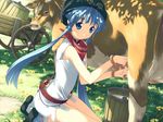  animal animal_milking bangle bangs bare_legs barrel blue_eyes blue_hair bracelet bucket cow day dress flower from_side furudera_naru game_cg grass ground_vehicle hat jewelry kneeling llyr looking_at_viewer looking_to_the_side neckerchief no_socks outdoors shoes short_dress short_hair_with_long_locks sidelocks sleeveless sleeveless_dress solo sunlight tears_to_tiara tree_shade udder wagon white_dress 