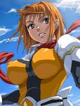  breasts cleavage_cutout cloud covered_nipples day large_breasts long_sleeves looking_away my-otome nigou orange_hair orange_shirt puffy_sleeves red_scarf scarf shirt short_hair sky solo tokiha_mai 