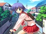  artist_request backpack bag bicycle fence ground_vehicle house long_sleeves pleated_skirt power_lines riding road school_uniform serafuku skirt solo street to_heart_2 tonami_yuma 