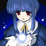  blue_background blue_hair blush fireflies glowing ilfa kazumi_yoshiyuki long_sleeves magic red_eyes robot_ears simple_background smile solo to_heart_2 