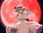  bat_wings blue_hair full_moon haniwa_(leaf_garden) hat hat_ribbon moon outstretched_arm outstretched_hand red_eyes red_moon remilia_scarlet ribbon short_hair solo touhou wings 