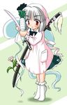  bangs blush bow collar daikon eyebrows eyebrows_visible_through_hair flower grey_hair hair_between_eyes hitodama katana konpaku_youmu konpaku_youmu_(ghost) long_sleeves no_shoes open_mouth overexposure peeling pocket red_eyes short_hair sleeves_past_wrists socks solo sword tiptoes touhou weapon yamu_(reverse_noise) 