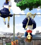  artist_request city cloud copyright_request day hanging horizontal_bar multiple_girls pleated_skirt school_uniform serafuku skirt sky upside-down 