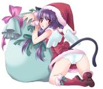  animal_ears arima_natsubon ass back boots bow cat_ears cat_tail christmas copyright_request dress from_behind hair_ribbon hat knee_boots kneeling long_hair looking_back panties pink_bow purple_eyes purple_hair ribbon santa_costume santa_hat short_dress solo tail tress_ribbon underwear white_panties wings 