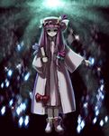  book bow crescent hair_ribbon hat hirosato light_smile long_hair long_sleeves outstretched_arm patchouli_knowledge purple_eyes purple_hair ribbon solo touhou tress_ribbon wide_sleeves 