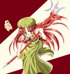  black_bow blue_eyes blush bow braid china_dress chinese_clothes dog dress eyebrows eyebrows_visible_through_hair hair_bow hat holding holding_weapon hong_meiling long_hair polearm red_hair saihateya short_sleeves smile solo spear star touhou twin_braids weapon 