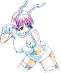  angora animal_ears breasts bunny_ears bunny_tail copyright_request covered_nipples fur gloves large_breasts leaning_forward pink_eyes purple_hair short_hair solo tail thighhighs traditional_media zettai_ryouiki 