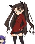  black_hair black_legwear fate/stay_night fate_(series) glasses green_eyes hand_on_hip long_hair long_sleeves looking_at_viewer matou_sakura mishima_toshihiro multiple_girls pleated_skirt skirt thighhighs toosaka_rin turtleneck two_side_up very_long_hair 