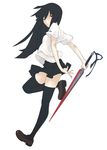  arms_behind_back black_hair black_legwear from_behind holding holding_sword holding_weapon jiyu2 legs long_hair looking_at_viewer looking_back original red_eyes simple_background skinny solo sword thighhighs weapon white_background 