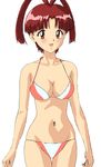  bikini blush breasts brown_eyes cleavage collarbone cowboy_shot flat_color highres medium_breasts navel open_mouth red_hair short_hair simple_background solo swimsuit thigh_gap tsukiyo_no_ribbon utsugi_mikoto white_background yuusha_ou_gaogaigar yuusha_series 