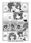  braid comic cosplay dejiko dejiko_(cosplay) di_gi_charat greyscale hard_translated lyrical_nanoha mahou_shoujo_lyrical_nanoha mahou_shoujo_lyrical_nanoha_a's mikage_takashi monochrome multiple_girls sanada_asami school_uniform seishou_elementary_school_uniform seiyuu_connection translated twin_braids vita waitress wheelchair yagami_hayate 