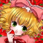  :o blonde_hair bow face food fruit green_eyes hair_bow hina_ichigo holding holding_food holding_fruit lowres open_mouth pink_bow rozen_maiden sakuragi_akira solo strawberry upper_body 