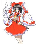  ascot black_hair bow detached_sleeves frills gohei hair_ribbon hair_tubes hakurei_reimu huge_bow long_hair long_sleeves md5_mismatch red_eyes red_skirt ribbon sharchick_(paroparo) simple_background skirt smile solo touhou white_background 