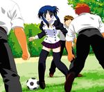  ball black_legwear blue_hair day grass ilfa nal_(studio_ng) outdoors playing_sports robot_ears skirt soccer soccer_ball sport telstar thighhighs to_heart_2 zettai_ryouiki 