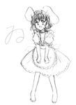  animal_ears apron bangs barefoot bunny_ears dress eyebrows eyebrows_visible_through_hair frilled_apron frilled_sleeves frills greyscale hair_between_eyes inaba_tewi monochrome open_mouth puffy_short_sleeves puffy_sleeves ribbon-trimmed_skirt ribbon_trim saihateya short_hair short_sleeves solo touhou waist_apron 