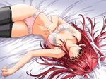  bed black_legwear bra game_cg hair_ribbon kimizuka_aoi lace lace-trimmed_bra lace-trimmed_panties lingerie panties red_hair ribbon shinbashi_mina solo suki_da_yo! thighhighs underwear underwear_only 