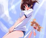  artist_request blush breasts brown_hair covering covering_crotch day dutch_angle folded_ponytail gym_uniform hair_ornament hairclip komaki_manaka large_breasts legs multiple_girls o_o outdoors sasamori_karin surprised to_heart_2 twintails 