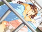  artist_request barefoot bed brown_hair closed_eyes komaki_ikuno long_sleeves lying on_side open_mouth pajamas sleeping solo to_heart_2 