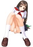  between_thighs blush brown_eyes brown_hair covering covering_crotch hair_ribbon highres jpeg_artifacts long_hair panties pantyshot pantyshot_(sitting) pleated_skirt ribbon school_uniform serafuku shoes sitting skirt socks solo tanaka_takayuki tsubasa_no_hatameki underwear upskirt white_panties yukifuji_mika 