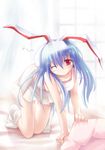  ai_takurou animal_ears bangs bed bed_sheet blue_hair blush breasts bunny_ears casual collarbone eyebrows_visible_through_hair full_body hair_between_eyes long_hair looking_at_viewer one_eye_closed reisen_udongein_inaba skirt socks solo touhou 