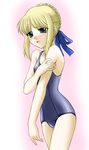  artist_request artoria_pendragon_(all) blonde_hair blush bow fate/stay_night fate_(series) green_eyes hair_bow hand_on_own_arm one-piece_swimsuit saber school_swimsuit sidelocks solo swimsuit 