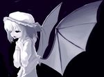  bangs bat_wings black_background cowboy_shot crying crying_with_eyes_open frilled_sleeves frills from_side hat hat_ribbon holding holding_knife knife mob_cap monochrome open_mouth purple remilia_scarlet ribbon sad short_hair simple_background skirt sleeves_past_elbows solo streaming_tears tears touhou two-handed vest wings x6suke 