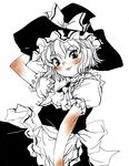  apron frills hat kirisame_marisa matsukura_nemu monochrome short_hair simple_background smile solo spot_color touhou white_background witch_hat 