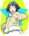  :o black_hair fur_trim hyuuga_hinata jacket jiyu2 lavender_eyes long_sleeves looking_at_viewer milky_eyes naruto naruto_(series) open_mouth simple_background solo star 