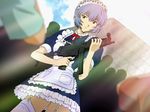  artist_request ayanami_raising_project ayanami_rei blue_hair cosplay garter_belt gun h&amp;k_mp5 heckler_&amp;_koch maid neon_genesis_evangelion red_eyes short_hair solo submachine_gun thighhighs tokyo_big_sight weapon 