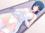  akamaru blue_hair blush bow bow_panties brown_eyes choker dress dress_lift dutch_angle from_below game_cg garter_belt gloves kamisama_no_iutoori lingerie panties sakura_hibiki short_hair solo thighhighs underwear wedding_dress white_dress white_gloves white_legwear white_panties 