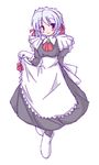  ankle_boots apron black_dress blue_hair blush boots dress full_body geetsu kotonomiya_yuki long_sleeves looking_at_viewer maid red_eyes short_hair simple_background skirt_hold solo standing suigetsu white_background 