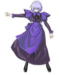  :| apron artist_request black_legwear closed_mouth cravat dress kotonomiya_yuki lavender_hair long_sleeves looking_at_viewer outstretched_arm purple_dress short_hair simple_background solo standing suigetsu underbust v-shaped_eyebrows white_background 