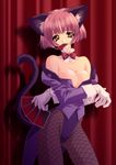  absurdres animal_ears bare_shoulders bow bowtie breasts carnelian cat_ears cleavage copyright_request fishnet_pantyhose fishnets highres kittysuit leotard long_sleeves medium_breasts open_clothes open_shirt pantyhose shirt solo 