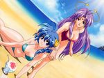  artist_request beach bikini blue_eyes blue_hair celine_jules crescent crescent_hair_ornament day dutch_angle earrings hair_ornament jewelry long_hair multiple_girls outdoors pointy_ears purple_eyes purple_hair rena_lanford short_hair star_ocean star_ocean_ex star_ocean_the_second_story swimsuit 