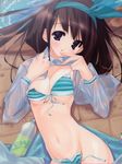  areolae bikini black_hair blue_eyes blush bottle breasts cleavage front-tie_top hair_ribbon highres long_hair lying open_clothes open_shirt original ribbon shirt side-tie_bikini small_breasts solo striped striped_bikini swimsuit untied urotan wet wet_clothes 