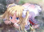  all_fours angry artist_request blonde_hair blue_eyes bush clenched_teeth cynthia_curio dirty_face game_cg mud rain sincere solo teeth twintails wet wet_clothes 