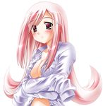  blush breasts cleavage large_breasts long_hair long_sleeves lucy_maria_misora open_clothes open_shirt otoki_raku pink_hair red_eyes shirt solo to_heart_2 