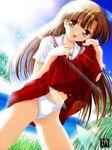  beach brown_eyes brown_hair comic_party day dutch_angle long_hair mikage_subaru navel outdoors panties pleated_skirt school_uniform serafuku signature skirt skirt_lift solo standing underwear white_panties yukirin 