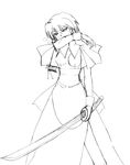  amputee artist_request dress greyscale holding holding_sword holding_weapon kotonomiya_yuki long_sleeves monochrome mouth_hold severed_arm severed_limb short_hair simple_background solo standing suigetsu sword weapon white_background yami_yuki 