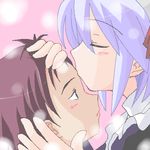  1girl artist_request brown_hair closed_eyes couple face from_side hetero kiss kotonomiya_yuki lowres maid_headdress pink_background purple_hair simple_background suigetsu upper_body 