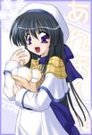  artist_request bag black_hair food hat long_hair long_sleeves purple_eyes scarf snow_(game) solo yukizuki_sumino 