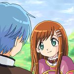  1girl artist_request belt blue_hair blue_sky brown_hair cloud collar day face fayt_leingod frilled_shirt_collar frills green_eyes hair_ornament hairclip long_hair looking_at_another lowres outdoors sidelocks sky smile solo_focus sophia_esteed star_ocean star_ocean_till_the_end_of_time upper_body 
