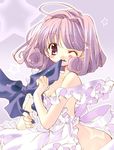  artist_request bangs bare_shoulders blue_bow blush bow dress frilled_dress frills looking_at_viewer mouth_hold one_eye_closed purple_eyes purple_hair shirayuki_(sister_princess) sister_princess solo source_request star white_dress 