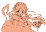  :d aria_(sister_princess) artist_request drill_hair floating_hair gauntlets hair_ribbon kazuma_(scryed) looking_at_viewer maid_headdress monochrome open_mouth orange_(color) parody ribbon scryed simple_background sister_princess smile solo twintails upper_body white_background 