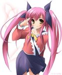  kantoku kousaka_alice long_hair long_sleeves pink_hair salute solo suigetsu twintails 