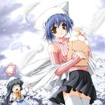  artist_request bag black_hair blue_hair blush brown_eyes feathers food hat kitazato_shigure long_hair long_sleeves multiple_girls scarf short_hair skirt snow snow_(game) snowing thighhighs white_legwear yukizuki_sumino zettai_ryouiki 