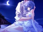  1girl bare_shoulders barefoot beach black_hair blue_eyes blue_hair breasts center_opening cleavage cliff cloud crescent_moon detached_sleeves dress dress_shirt faceless faceless_male frilled_dress frills from_side game_cg hand_on_another's_head hug injury layered_dress medium_breasts moon night night_sky ocean outdoors parted_lips quilt_(game) shirt short_hair sia_(quilt) sitting sky sleeves_rolled_up solo_focus star_(sky) starry_sky strapless strapless_dress sugiyama_genshou takumi_(quilt) tree wariza water white_dress white_shirt 