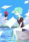  2others absurdres androgynous blue_sky cloud colored_eyelashes crystal_hair from_behind gem_uniform_(houseki_no_kuni) grass green_eyes green_hair highres houseki_no_kuni looking_at_viewer multiple_others necktie outdoors paper phosphophyllite red_hair shinsha_(houseki_no_kuni) short_hair sitting sky smile water white_skin 