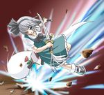  action artist_request bangs dual_wielding eyebrows eyebrows_visible_through_hair full_body ghost green_eyes green_skirt green_vest hair_over_one_eye hitodama holding holding_weapon katana konpaku_youmu konpaku_youmu_(ghost) mary_janes parted_lips scabbard sheath shoes short_hair silver_hair skirt socks solo sword touhou unsheathed vest weapon white_legwear 